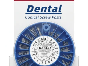 A Nordin dental conical screw post kit. The kit features a blue, segmented circular tray with various sizes of small, silver conical posts. The central label identifies it as 'NORDIN' and 'Dental' conical screw posts and is marked 'SWISS MADE CE0459'. The box includes sizes like Short, Medium, Long, and an XL.